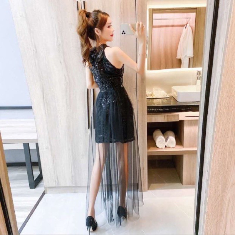 ❤️香檳金S- XL 禮服 包臀 氣質 名媛 性感 削肩 露肩 收腰 顯瘦 亮片 網紗 連衣裙 長裙-細節圖9