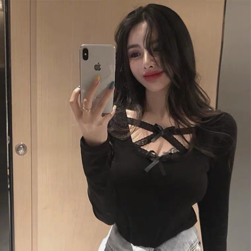 ❤️現貨在台，適合白S.M 性感  女神 情趣 蝴蝶結 蕾絲 長袖 上衣 修身 內搭 t恤 拼接-細節圖2