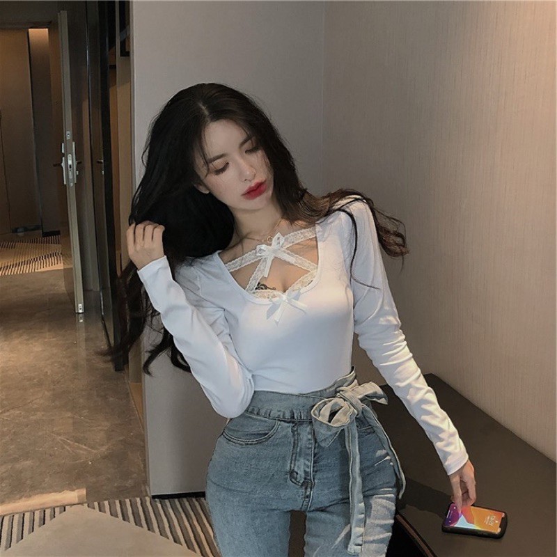 ❤️現貨在台，適合白S.M 性感  女神 情趣 蝴蝶結 蕾絲 長袖 上衣 修身 內搭 t恤 拼接-細節圖4