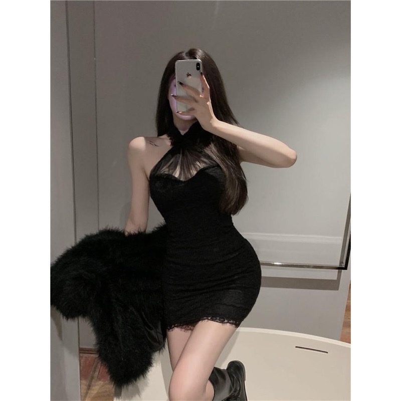 ❤️現貨在台，白S-L 蕾絲 連衣裙 性感 女神 夜店 拼接 小個子 掛脖 露背 小眾 包臀 洋裝 禮服 婚宴 伴娘-細節圖7