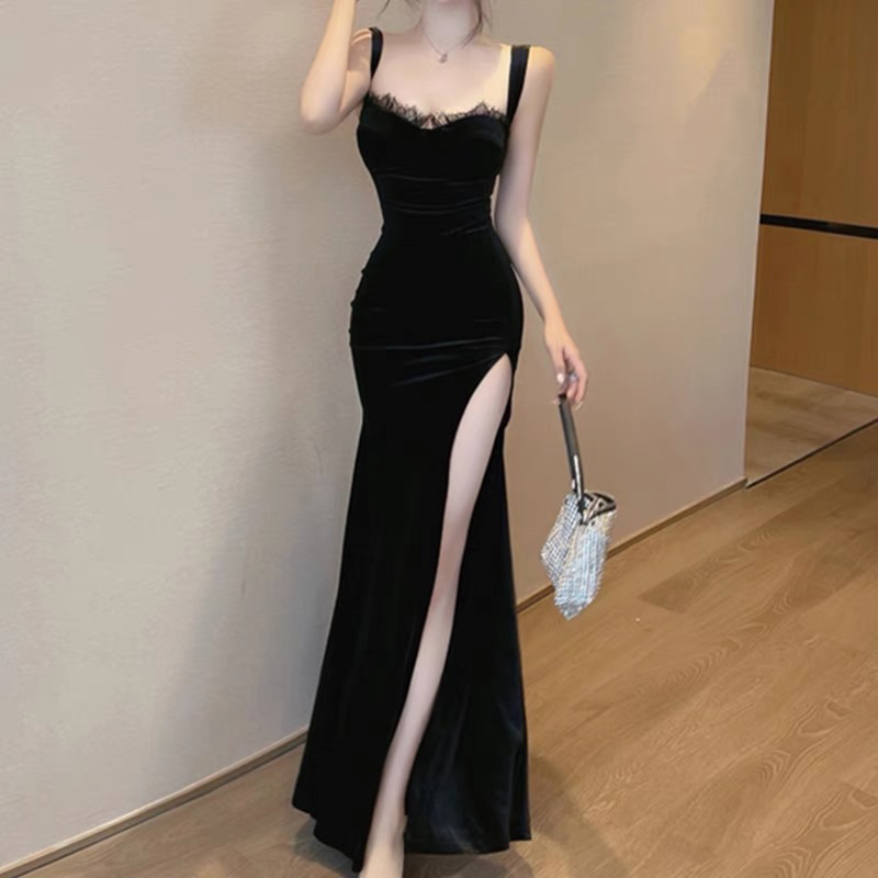 ❤️現貨在台，紅M(S- XL) 中大尺碼 氣質 名媛 性感 吊帶 背帶 收腰 顯瘦 設計感 絲絨 連衣裙 長裙 禮服-細節圖2