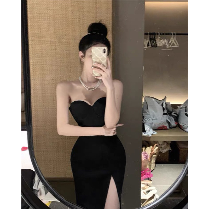 ❤️現貨在台，L，附袖套 法式 緊身 抹胸 連衣裙 平口 赫本風 收腰 性感 女神 開叉 包臀 御姐 禮服 洋裝 套裝-細節圖2