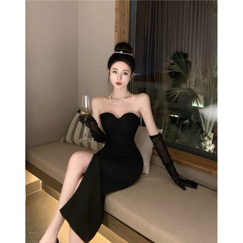 ❤️現貨在台，L，附袖套 法式 緊身 抹胸 連衣裙 平口 赫本風 收腰 性感 女神 開叉 包臀 御姐 禮服 洋裝 套裝-細節圖3