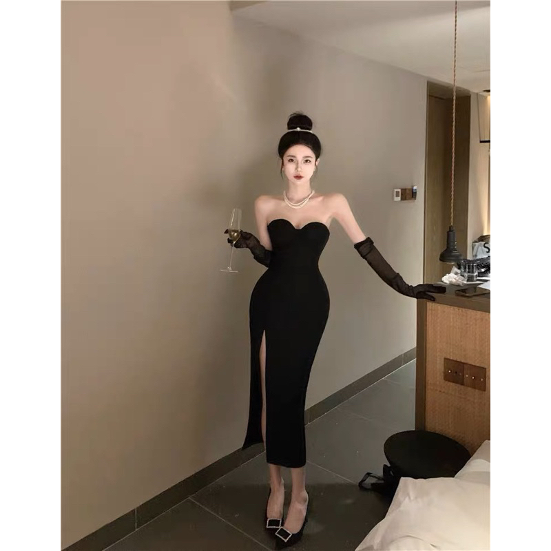 ❤️現貨在台，L，附袖套 法式 緊身 抹胸 連衣裙 平口 赫本風 收腰 性感 女神 開叉 包臀 御姐 禮服 洋裝 套裝-細節圖4