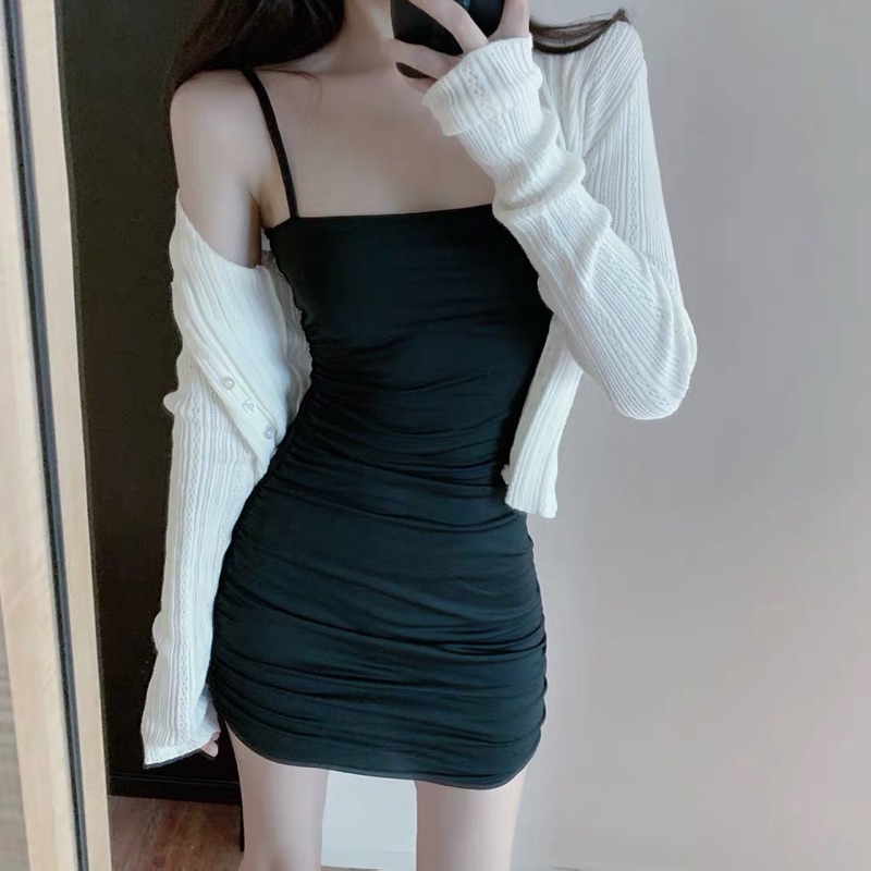 ❤️現貨在台，黑.白 洋裝 性感 抹胸 女神 包臀 禮服 夜店 心機 細肩帶 吊帶 or 輕薄 針織 開衫 小外套 外套-細節圖2