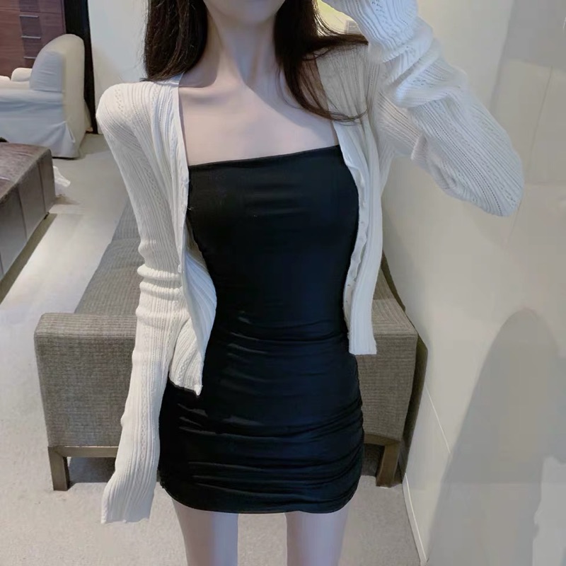 ❤️現貨在台，黑.白 洋裝 性感 抹胸 女神 包臀 禮服 夜店 心機 細肩帶 吊帶 or 輕薄 針織 開衫 小外套 外套-細節圖3