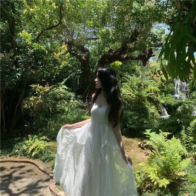 ❤️白.杏S-XL 溫柔 高質感 婚紗 女神 禮服 伴娘 愛麗絲夢遊仙境 仙女 重工 大擺 吊帶 連衣裙 洋裝-細節圖4