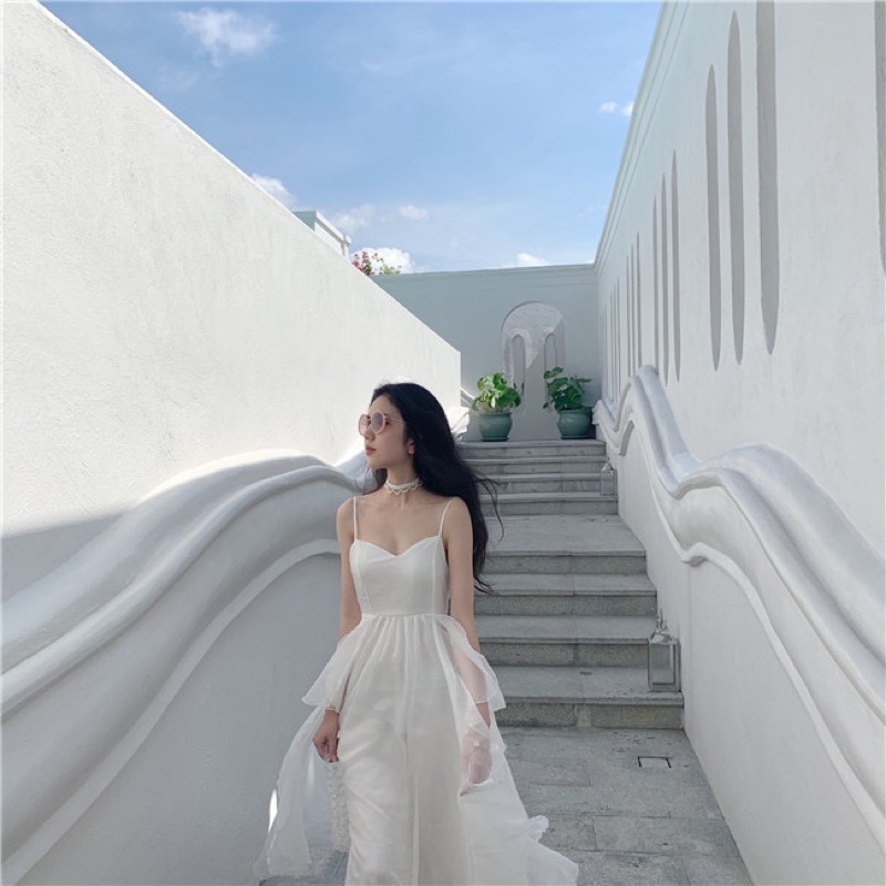 ❤️白.杏S-XL 溫柔 高質感 婚紗 女神 禮服 伴娘 愛麗絲夢遊仙境 仙女 重工 大擺 吊帶 連衣裙 洋裝-細節圖5