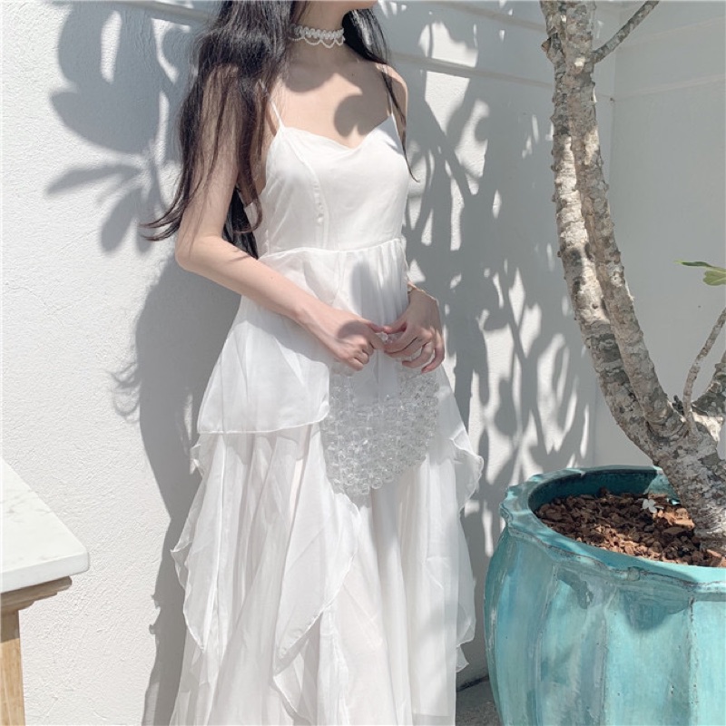 ❤️白.杏S-XL 溫柔 高質感 婚紗 女神 禮服 伴娘 愛麗絲夢遊仙境 仙女 重工 大擺 吊帶 連衣裙 洋裝-細節圖6