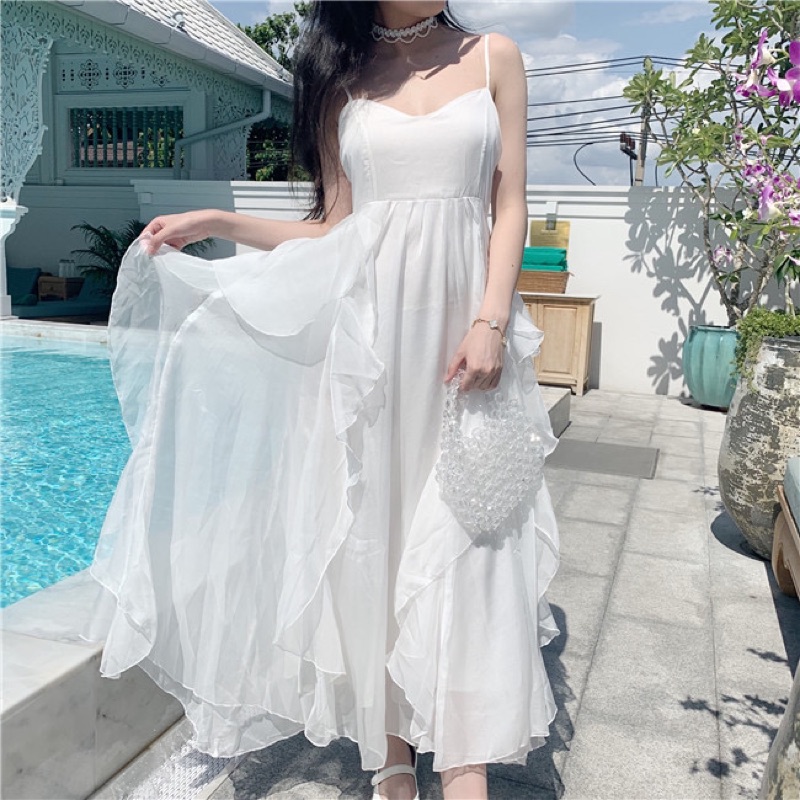 ❤️白.杏S-XL 溫柔 高質感 婚紗 女神 禮服 伴娘 愛麗絲夢遊仙境 仙女 重工 大擺 吊帶 連衣裙 洋裝-細節圖7