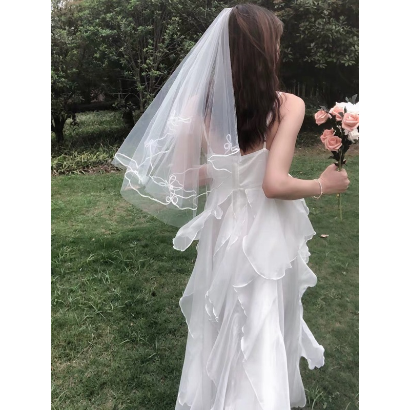 ❤️白.杏S-XL 溫柔 高質感 婚紗 女神 禮服 伴娘 愛麗絲夢遊仙境 仙女 重工 大擺 吊帶 連衣裙 洋裝-細節圖9