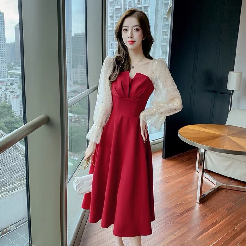❤️現貨在台，紅M(S- XL) 中大尺碼 可愛 拼接 氣質 連衣裙 長裙 仙女 高質感 名媛 設計感 訂婚 禮服 洋裝-細節圖3