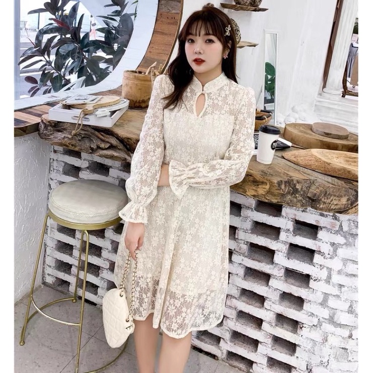 ❤️現貨在台，淺黃.藍(S- 6XL) 中大尺碼 大碼 蕾絲 連衣裙 長袖 旗袍 氣質 顯瘦 藍色 洋裝 禮服 伴娘-細節圖2