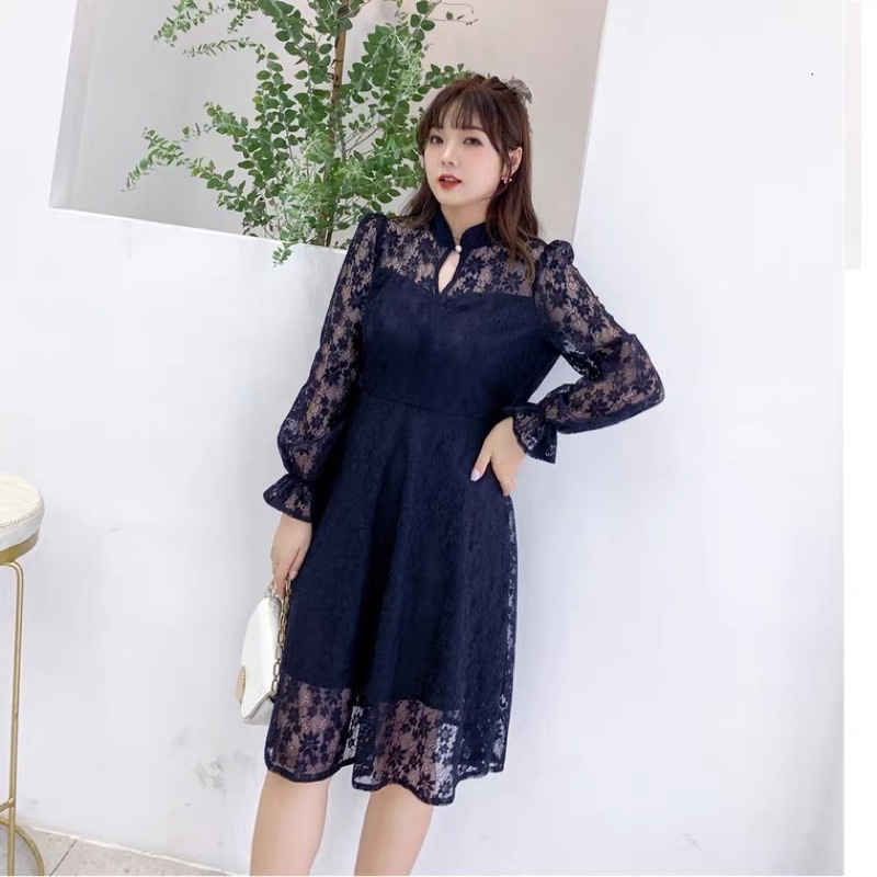 ❤️現貨在台，淺黃.藍(S- 6XL) 中大尺碼 大碼 蕾絲 連衣裙 長袖 旗袍 氣質 顯瘦 藍色 洋裝 禮服 伴娘-細節圖3