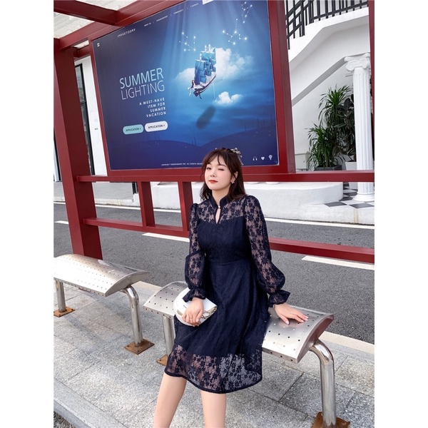 ❤️現貨在台，淺黃.藍(S- 6XL) 中大尺碼 大碼 蕾絲 連衣裙 長袖 旗袍 氣質 顯瘦 藍色 洋裝 禮服 伴娘-細節圖4