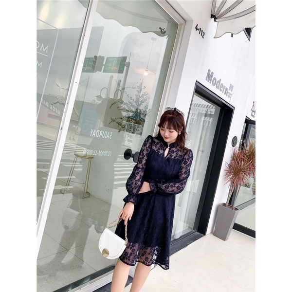 ❤️現貨在台，淺黃.藍(S- 6XL) 中大尺碼 大碼 蕾絲 連衣裙 長袖 旗袍 氣質 顯瘦 藍色 洋裝 禮服 伴娘-細節圖5