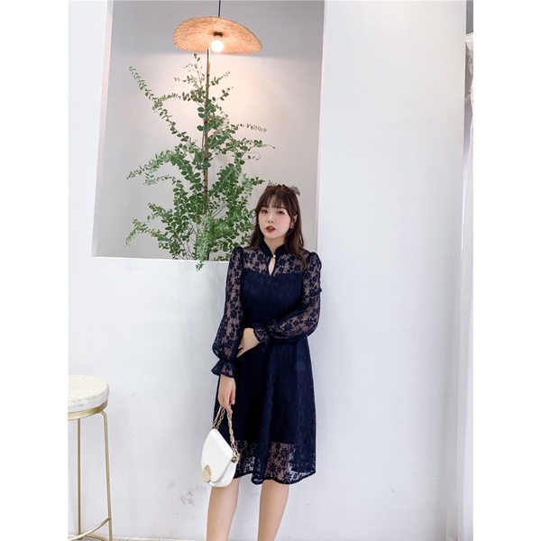 ❤️現貨在台，淺黃.藍(S- 6XL) 中大尺碼 大碼 蕾絲 連衣裙 長袖 旗袍 氣質 顯瘦 藍色 洋裝 禮服 伴娘-細節圖6