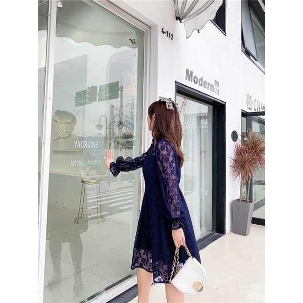 ❤️現貨在台，淺黃.藍(S- 6XL) 中大尺碼 大碼 蕾絲 連衣裙 長袖 旗袍 氣質 顯瘦 藍色 洋裝 禮服 伴娘-細節圖7