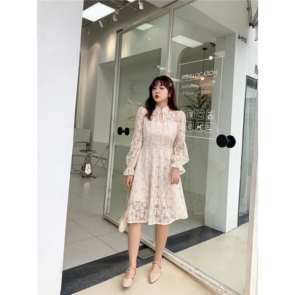 ❤️現貨在台，淺黃.藍(S- 6XL) 中大尺碼 大碼 蕾絲 連衣裙 長袖 旗袍 氣質 顯瘦 藍色 洋裝 禮服 伴娘-細節圖8