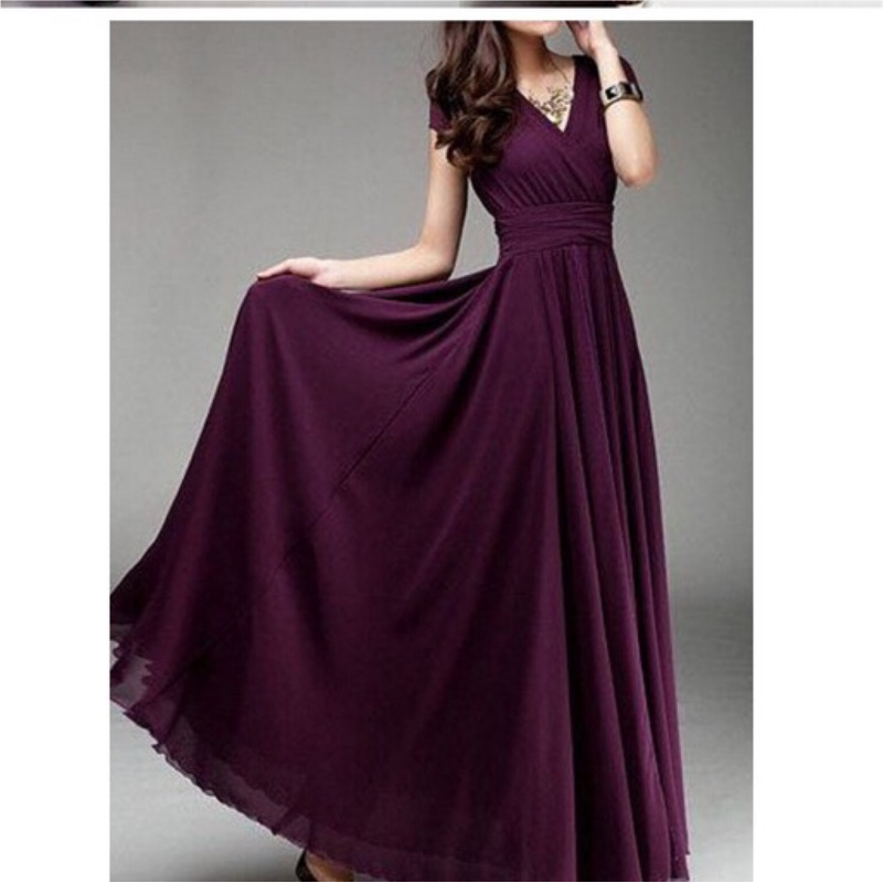 ❤️S- 3XL.5XL淺紫，L.XL.2XL酒紅S 中大尺碼 V領 連衣裙 雪紡 大擺 長裙 禮服-細節圖3