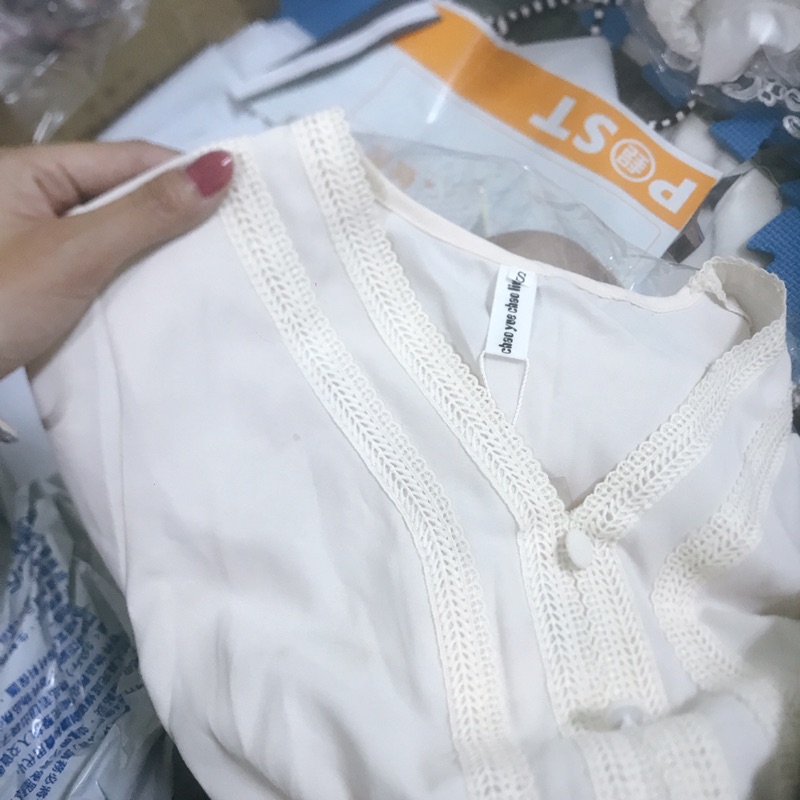 ❤️現貨在台，杏.紅S-XL.2XL 休閒 v領 高腰 雪紡 連衣裙 小個子 顯瘦 復古 a字 洋裝 連衣裙 氣質 花邊-細節圖7