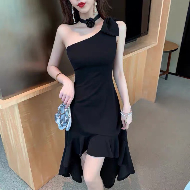 ❤️現貨在台，S-L 晚禮服 宴會 法式 性感 女神 不規則 氣質 小禮服 單肩 女王 年會 連衣裙 洋裝 長裙-細節圖2