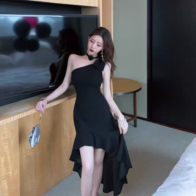 ❤️現貨在台，S-L 晚禮服 宴會 法式 性感 女神 不規則 氣質 小禮服 單肩 女王 年會 連衣裙 洋裝 長裙-細節圖4