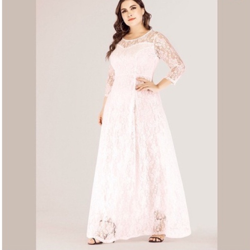 ❤️現貨在台，粉紅5XL(XL- 6XL) 中大尺碼 新娘 大碼 伴娘 歐美 晚禮服 七分袖 大擺 蕾絲 連衣裙 長裙-細節圖2