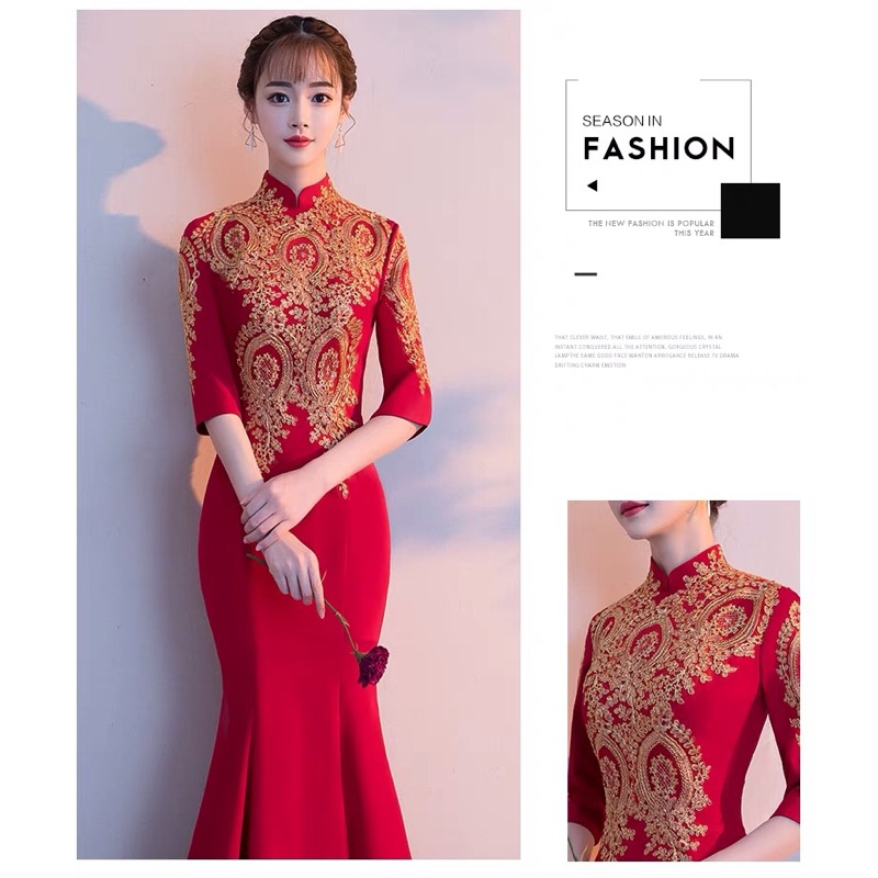 ❤️現貨在台，大紅M-2XL黑S酒紅L 敬酒服 新娘 婚紗 中國風 中式 魚尾 旗袍 禮服 婚紗 連衣裙 長裙 包臀-細節圖2