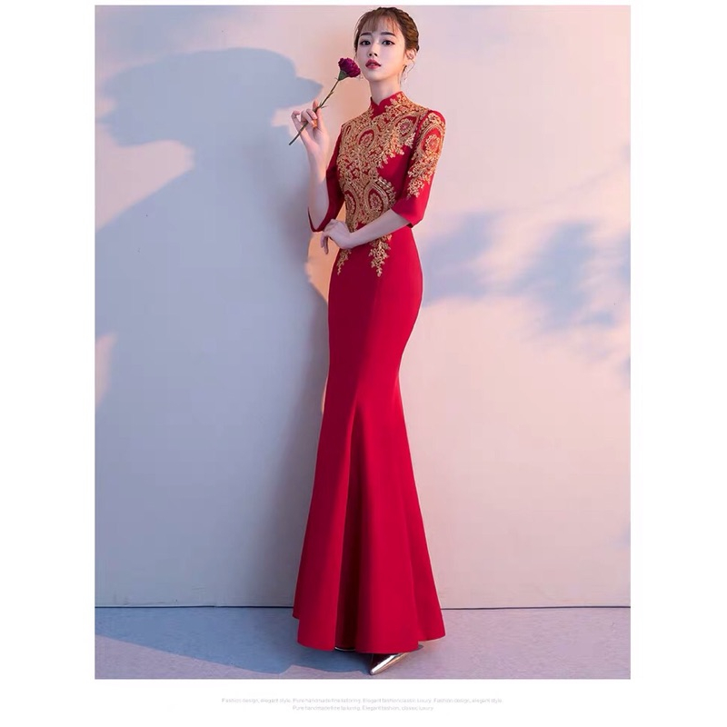 ❤️現貨在台，大紅M-2XL黑S酒紅L 敬酒服 新娘 婚紗 中國風 中式 魚尾 旗袍 禮服 婚紗 連衣裙 長裙 包臀-細節圖3