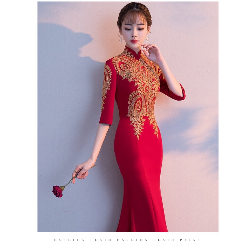 ❤️現貨在台，大紅M-2XL黑S酒紅L 敬酒服 新娘 婚紗 中國風 中式 魚尾 旗袍 禮服 婚紗 連衣裙 長裙 包臀-細節圖5