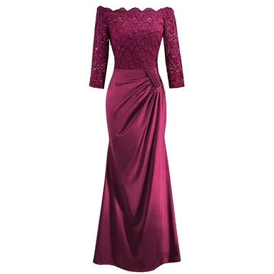 ❤️現貨在台，灰2XL(S- 2XL) 中大尺碼 緞面 拼接 一字領 露肩 正式 主持人 新娘 伴娘 連衣裙 長裙 禮服-細節圖2