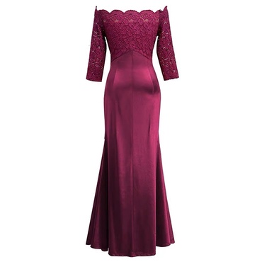 ❤️現貨在台，灰2XL(S- 2XL) 中大尺碼 緞面 拼接 一字領 露肩 正式 主持人 新娘 伴娘 連衣裙 長裙 禮服-細節圖3