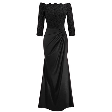 ❤️現貨在台，灰2XL(S- 2XL) 中大尺碼 緞面 拼接 一字領 露肩 正式 主持人 新娘 伴娘 連衣裙 長裙 禮服-細節圖4