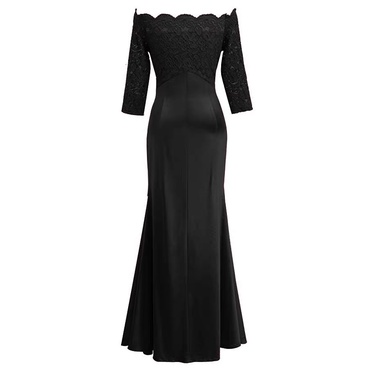 ❤️現貨在台，灰2XL(S- 2XL) 中大尺碼 緞面 拼接 一字領 露肩 正式 主持人 新娘 伴娘 連衣裙 長裙 禮服-細節圖5