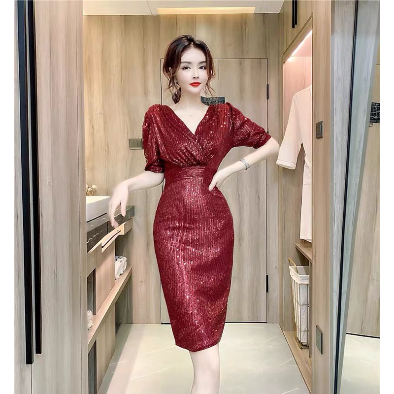 ❤️現貨在台，玫瑰金M(S- L) 高質感 高端 輕奢 亮片 連衣裙 氣質 女神 收腰 顯瘦 禮服 洋裝-細節圖2