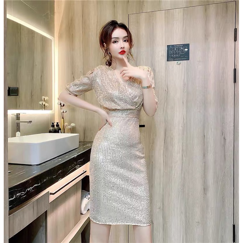 ❤️現貨在台，玫瑰金M(S- L) 高質感 高端 輕奢 亮片 連衣裙 氣質 女神 收腰 顯瘦 禮服 洋裝-細節圖3