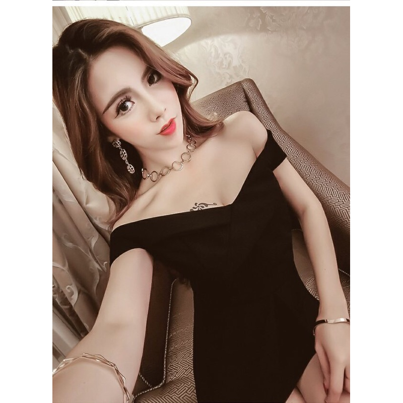 ❤️現貨在台，白.黑.紅.藍 氣質 性感 露肩 一字領 雪紡 露肩 拼接 修身 包臀 連衣裙 禮服 長裙 開叉 伴娘-細節圖2