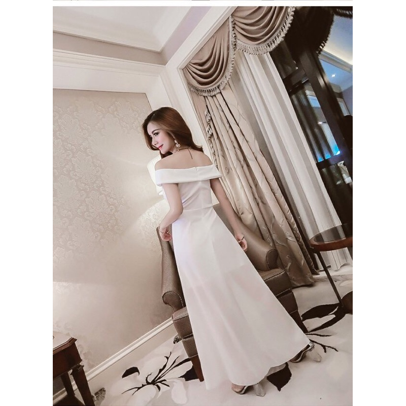 ❤️現貨在台，白.黑.紅.藍 氣質 性感 露肩 一字領 雪紡 露肩 拼接 修身 包臀 連衣裙 禮服 長裙 開叉 伴娘-細節圖6