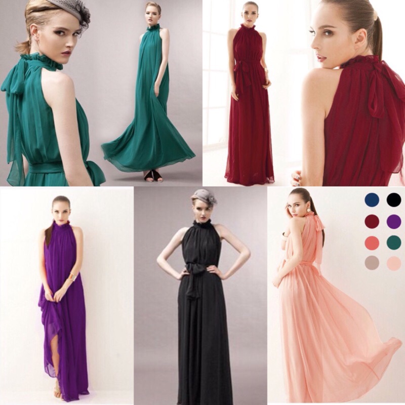 *現貨在台，紫.西瓜紅.粉紅.黑.深藍.卡其.綠 性感 露肩 美肩 削肩 禮服 長裙 洋裝 寬鬆 伴娘 雪紡 飄逸 新娘-細節圖3