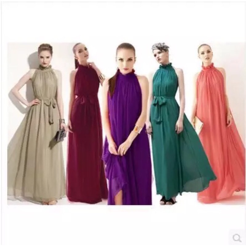 *現貨在台，紫.西瓜紅.粉紅.黑.深藍.卡其.綠 性感 露肩 美肩 削肩 禮服 長裙 洋裝 寬鬆 伴娘 雪紡 飄逸 新娘-細節圖4