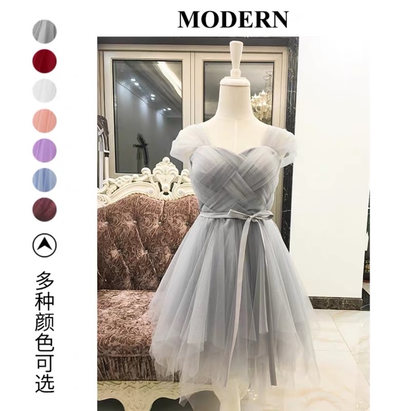 ❤️現貨在台，粉紅.紫 女神 洋裝 婚宴 新娘 平口 一字領 蓬蓬裙 禮服 伴娘 姐妹裙 仙女 氣質 顯瘦 網紗 主持人-細節圖2