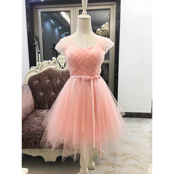 ❤️現貨在台，粉紅.紫 女神 洋裝 婚宴 新娘 平口 一字領 蓬蓬裙 禮服 伴娘 姐妹裙 仙女 氣質 顯瘦 網紗 主持人-細節圖3