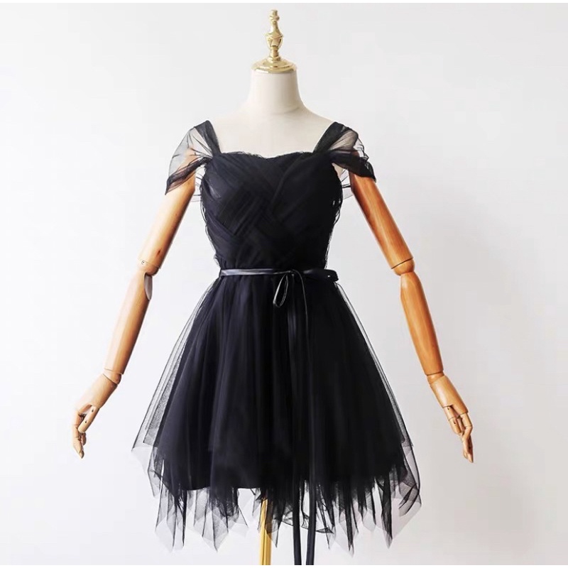 ❤️現貨在台，粉紅.紫 女神 洋裝 婚宴 新娘 平口 一字領 蓬蓬裙 禮服 伴娘 姐妹裙 仙女 氣質 顯瘦 網紗 主持人-細節圖6