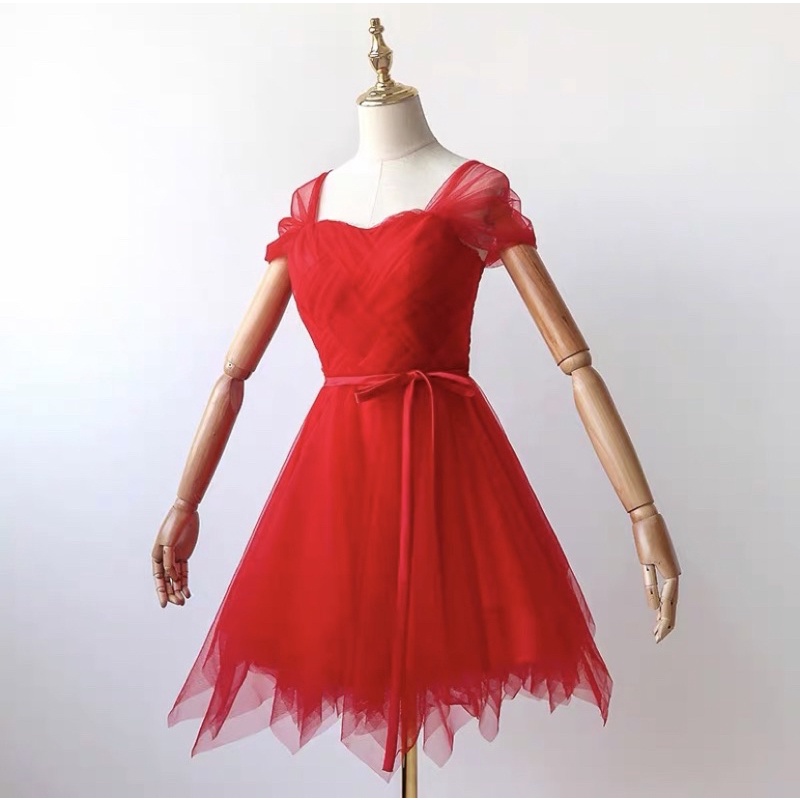 ❤️現貨在台，粉紅.紫 女神 洋裝 婚宴 新娘 平口 一字領 蓬蓬裙 禮服 伴娘 姐妹裙 仙女 氣質 顯瘦 網紗 主持人-細節圖7