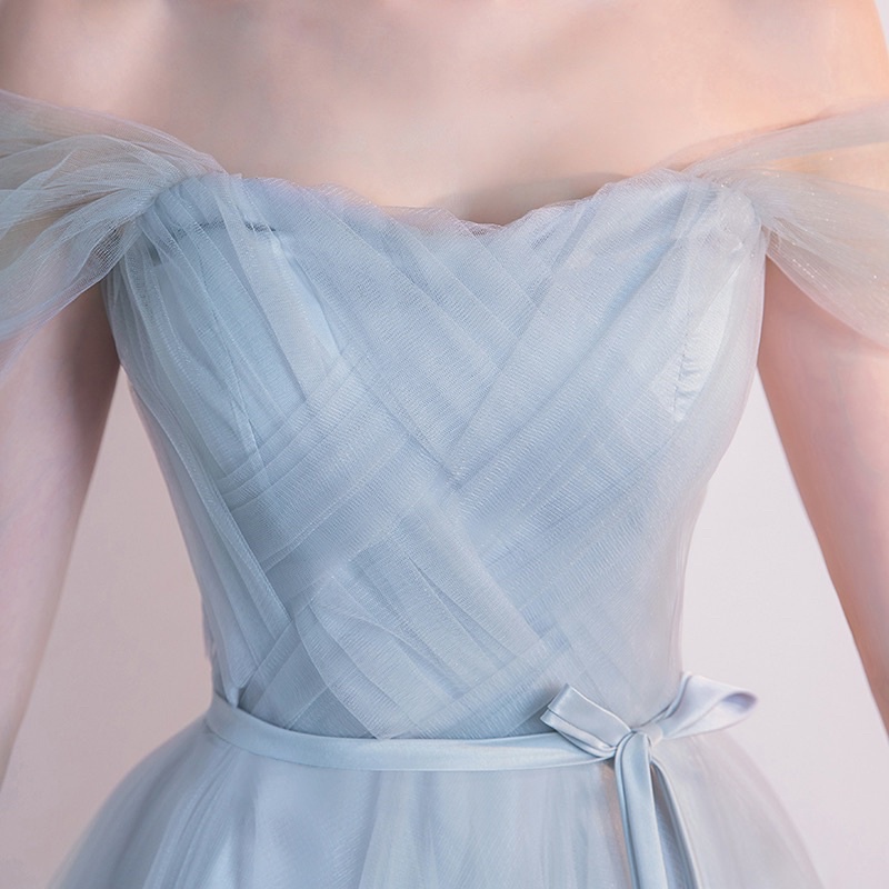 ❤️現貨在台，粉紅.紫 女神 洋裝 婚宴 新娘 平口 一字領 蓬蓬裙 禮服 伴娘 姐妹裙 仙女 氣質 顯瘦 網紗 主持人-細節圖8