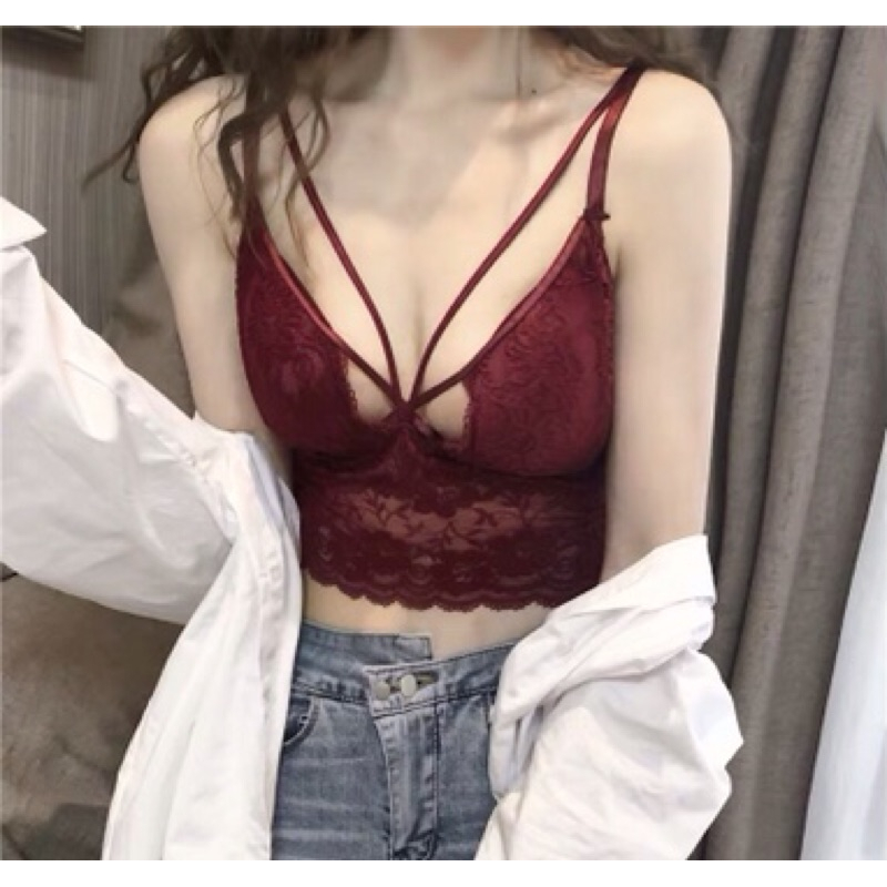 ❤️現貨在台，黑.酒紅.藍 蕾絲 花邊 裹胸 無鋼圈 交叉 文胸 內搭 抹胸 心機 吊帶 外穿 內衣 情趣 夜店-細節圖4