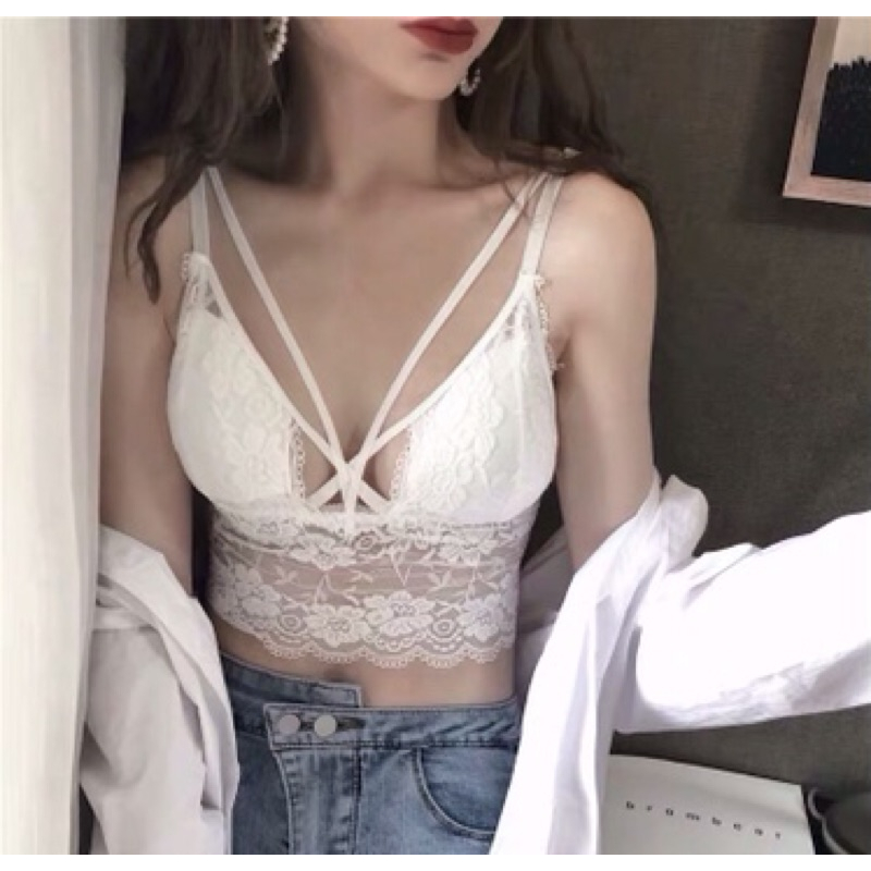 ❤️現貨在台，黑.酒紅.藍 蕾絲 花邊 裹胸 無鋼圈 交叉 文胸 內搭 抹胸 心機 吊帶 外穿 內衣 情趣 夜店-細節圖5