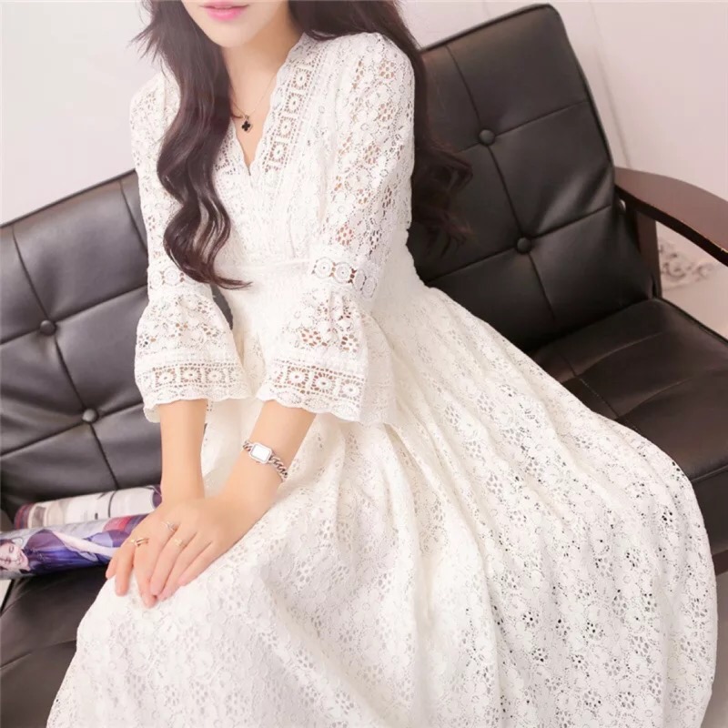 ❤️現貨在台，S.M.L 長裙 中大尺碼 伴娘 禮服 洋裝 蕾絲 v領 透膚 長袖 顯瘦 性感 喇叭袖-細節圖3