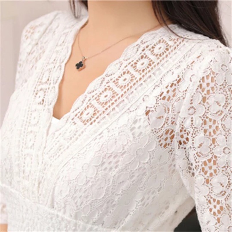 ❤️現貨在台，S.M.L 長裙 中大尺碼 伴娘 禮服 洋裝 蕾絲 v領 透膚 長袖 顯瘦 性感 喇叭袖-細節圖4